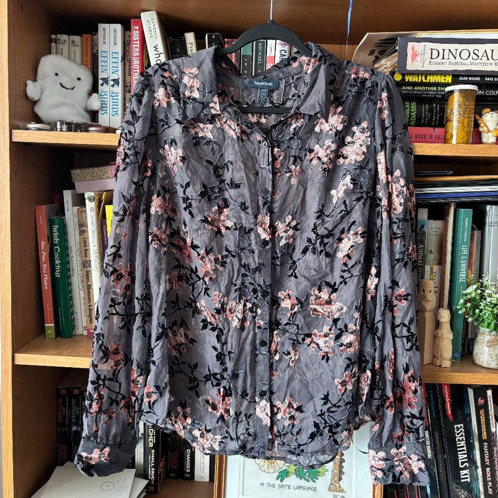 Modcloth Size Extra Large Sheer Grey Button Front blouse with floral pattern